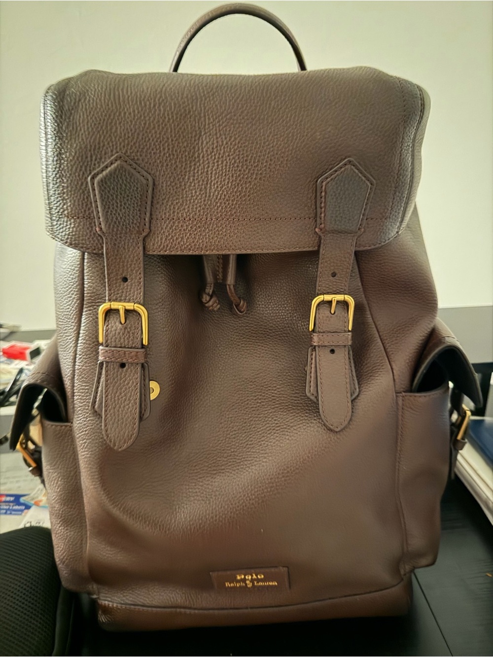 Ralph Lauren Dark Brown Pebbled Leather Backpack with Gold Buckles- Brand New